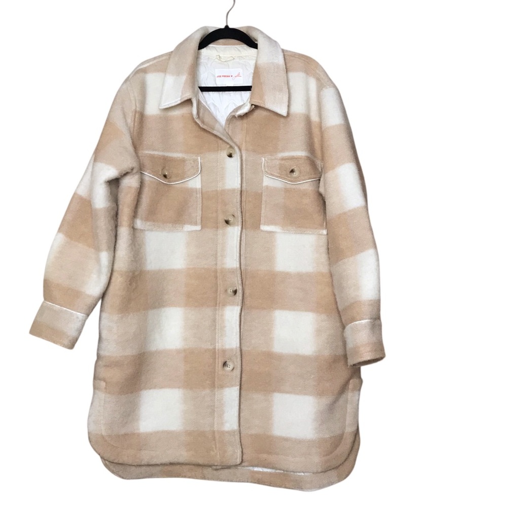XL Jilly Jillian Harris x Joe Fresh Tan Cream Shacket Tunic Length Plaid - Picture 2 of 13
